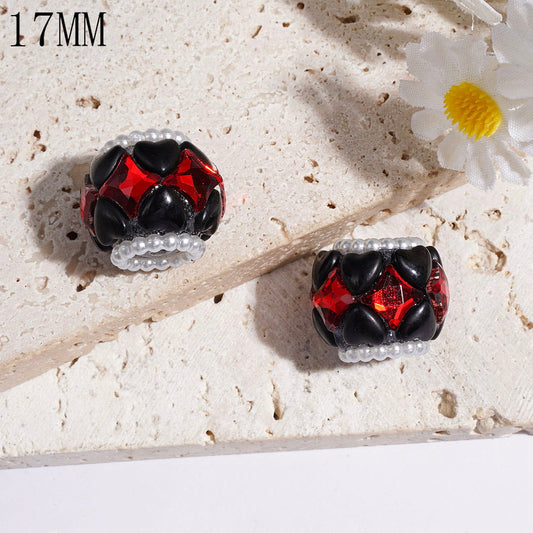 Elegant Black Heart with Red Diamond Shaped Rhinestones & White Pearl Chains Handmade Acrylic Beads, 17MM