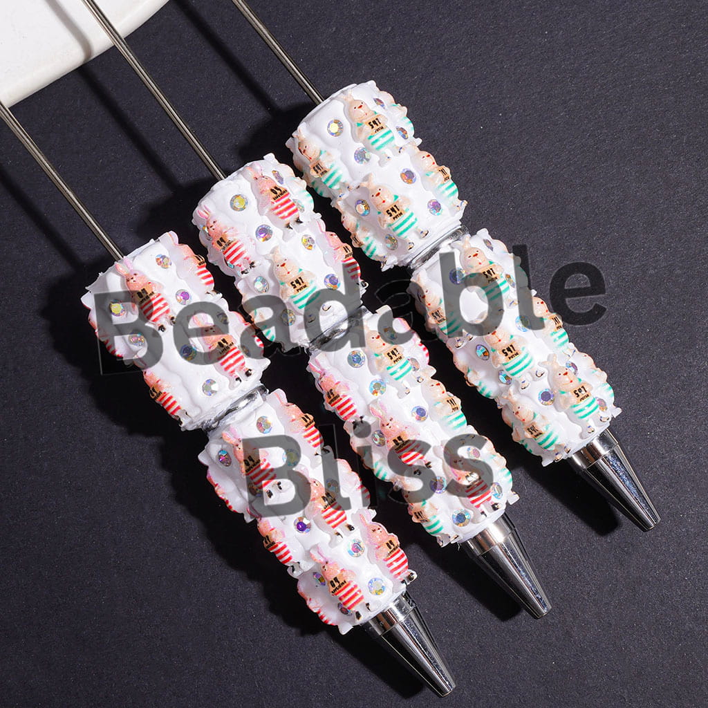 Beadable Clay Pens with Rabbit Wearing Prison Uniform and AB Rhinestone, Multi-Color