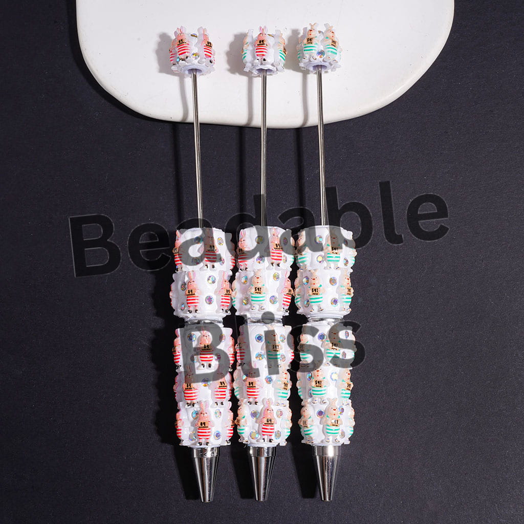 Beadable Clay Pens with Rabbit Wearing Prison Uniform and AB Rhinestone, Multi-Color