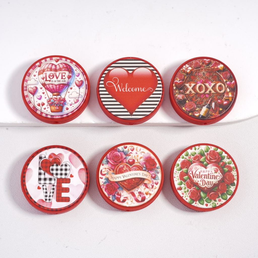 Valentine's Day Love Theme, Hearts and Rose Flowers Print Flat Round Shape, Silicone Focal Beads Random Mix