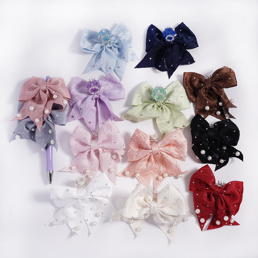 Fabric Bowtie & White Pearls with Silver Crown, Cone Rhinestones, Multi-Color Sugar Acrylic Beads Random Mix