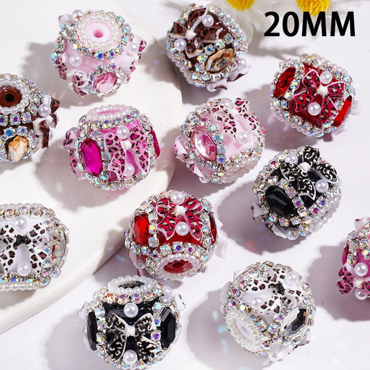 Glamorous Leopard Print Bowtie & Hexagon Crystal Accents with White Pearl & AB Rhinestone Chains, Handmade Acrylic Beads, 20MM, Multicolor