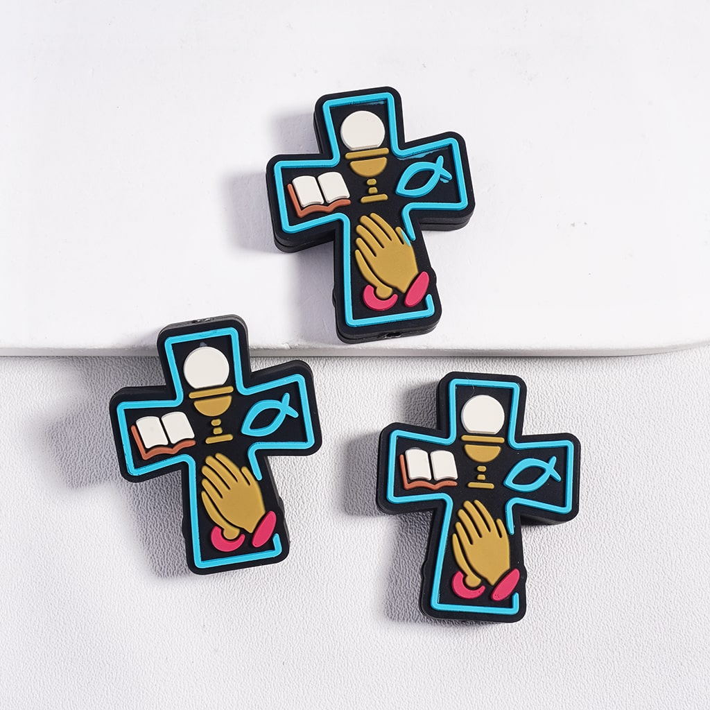 Cross with Praying Hands and Book, Bible and Fish Patterns Silicone Focal Beads