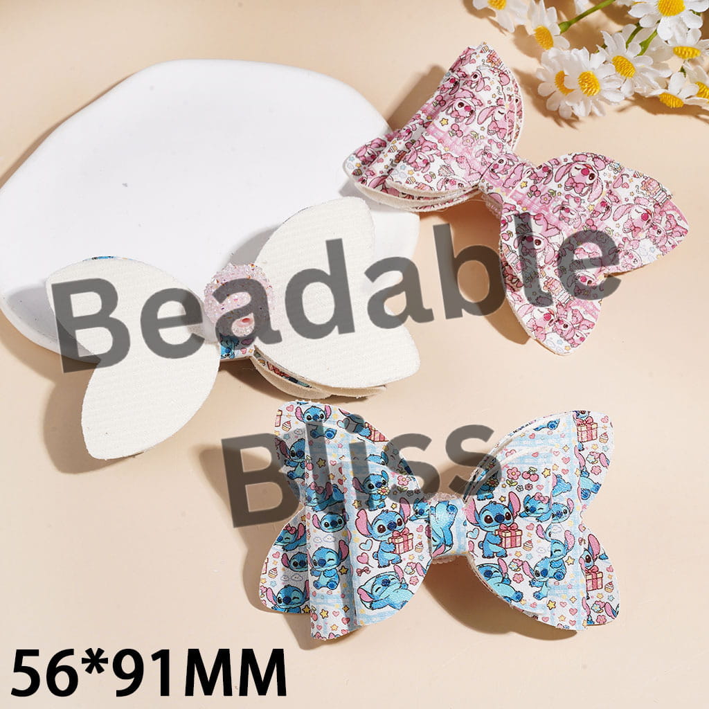 Blue Pink Monster Character Printed Three Layer Fabric Bowtie Sugar Beads, with Cone Shaped AB Rhinestones and Clear Pearl Loop