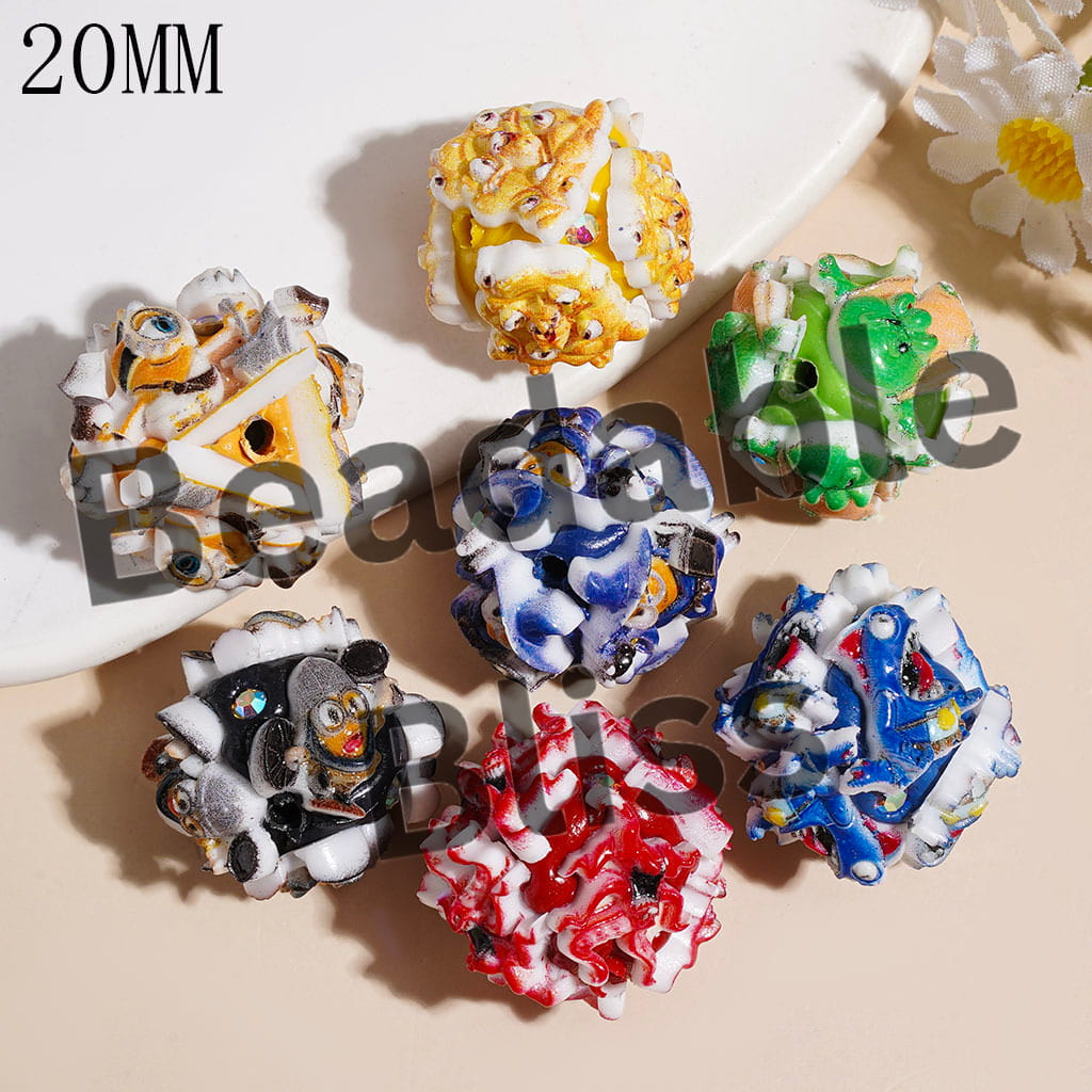 Clay Beads with Yellow Banana Character and Fierce Shark Octopus Monster, AB Rhinestones, 20MM, Multicolor, Random Mix