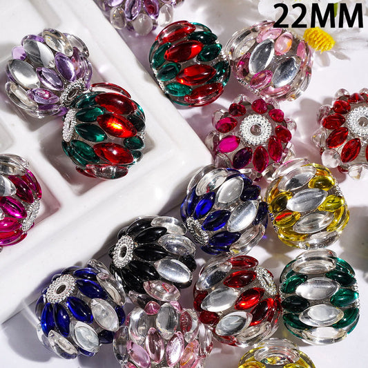 Stunning Two-Tone Marquise Rhinestone with Layered Silver Metal Base Handmade Acrylic Beads, 22MM, Multicolor, Random Mix