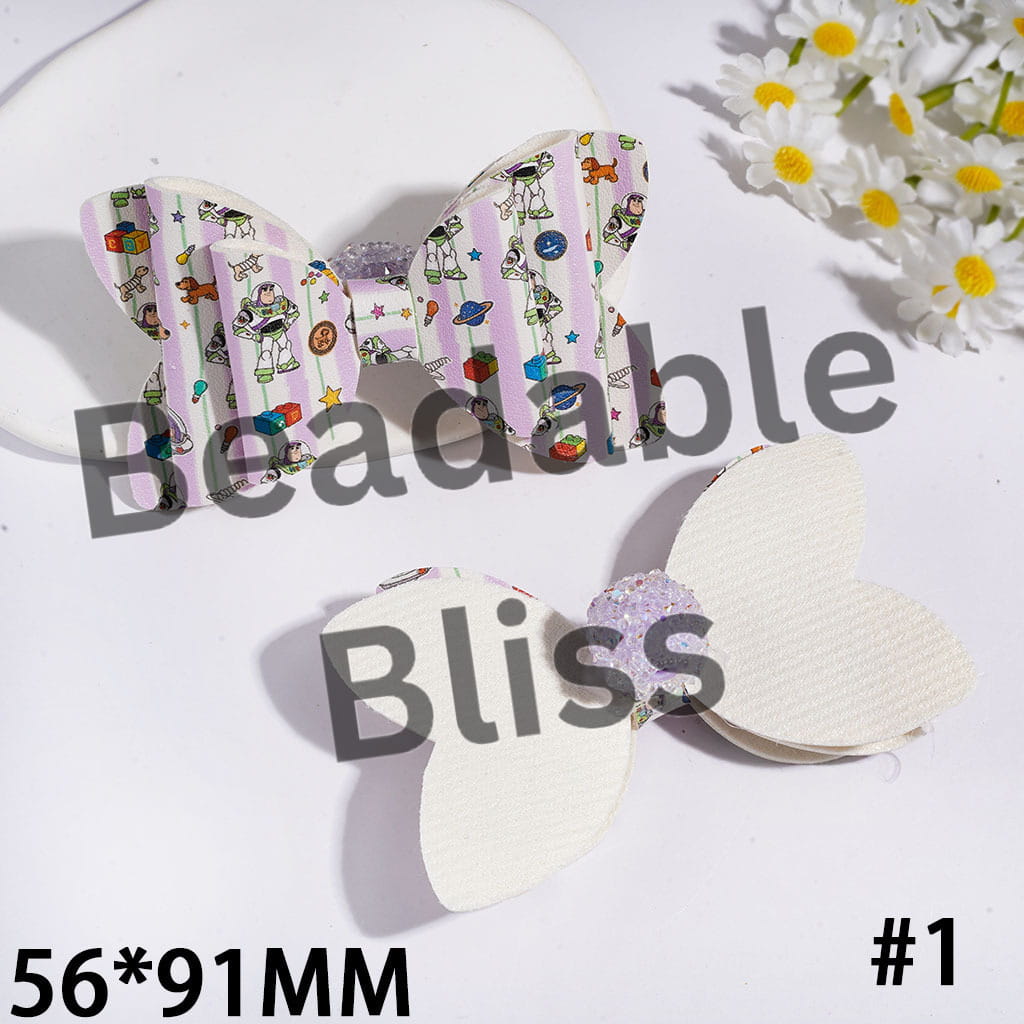 Toy Adventure Character Printed Three Layer Fabric Bowtie Sugar Beads, with Cone Shaped AB Rhinestones and Clear Pearl Loop, Multi-Color