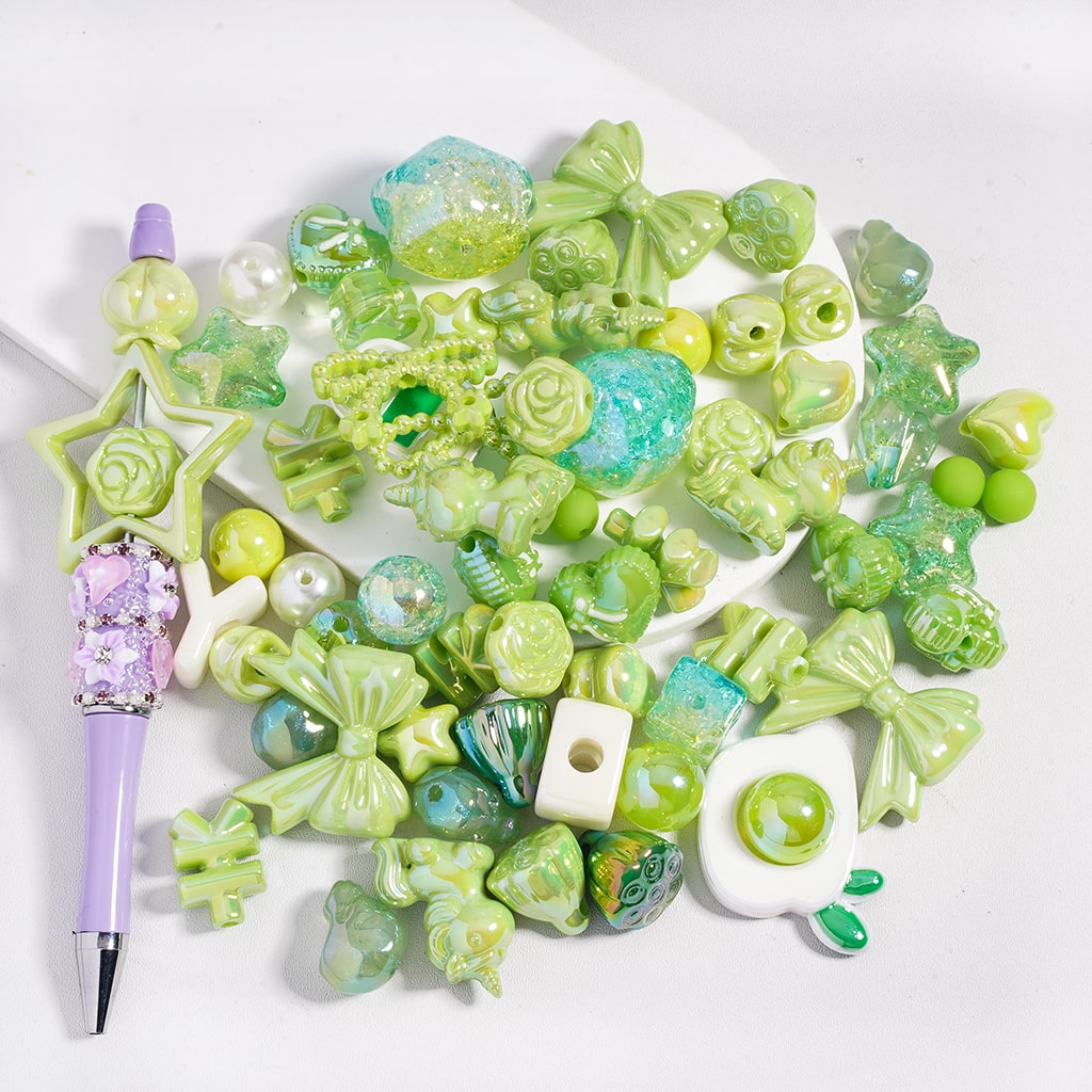 UV Coated Dazzling Green Color Series Different Design & Shapes in Acrylic Beads Random Mix (Please Read the Description)