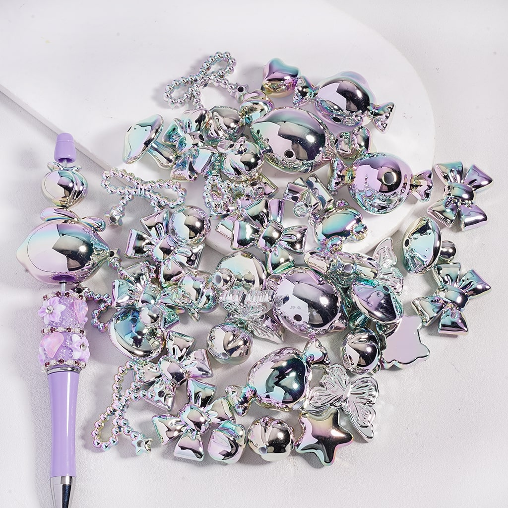 UV Coated Dazzling Silver Color Series Different Design & Shapes in Acrylic Beads Random Mix