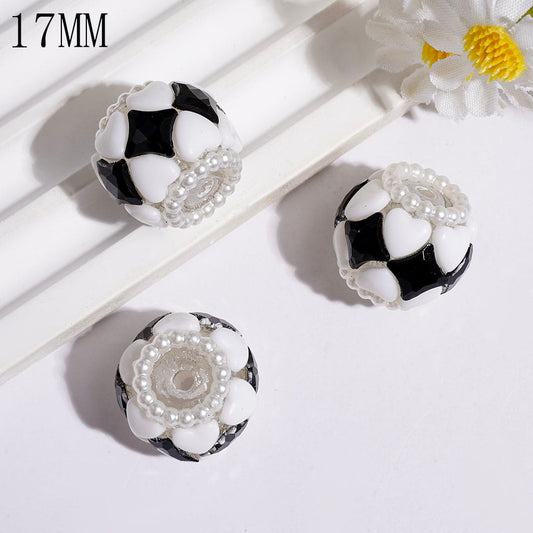 Elegant White Heart Sparkle Rhinestones & Pearl Loop with Black Diamond Crystals Hand-Made Acrylic Beads, 17MM
