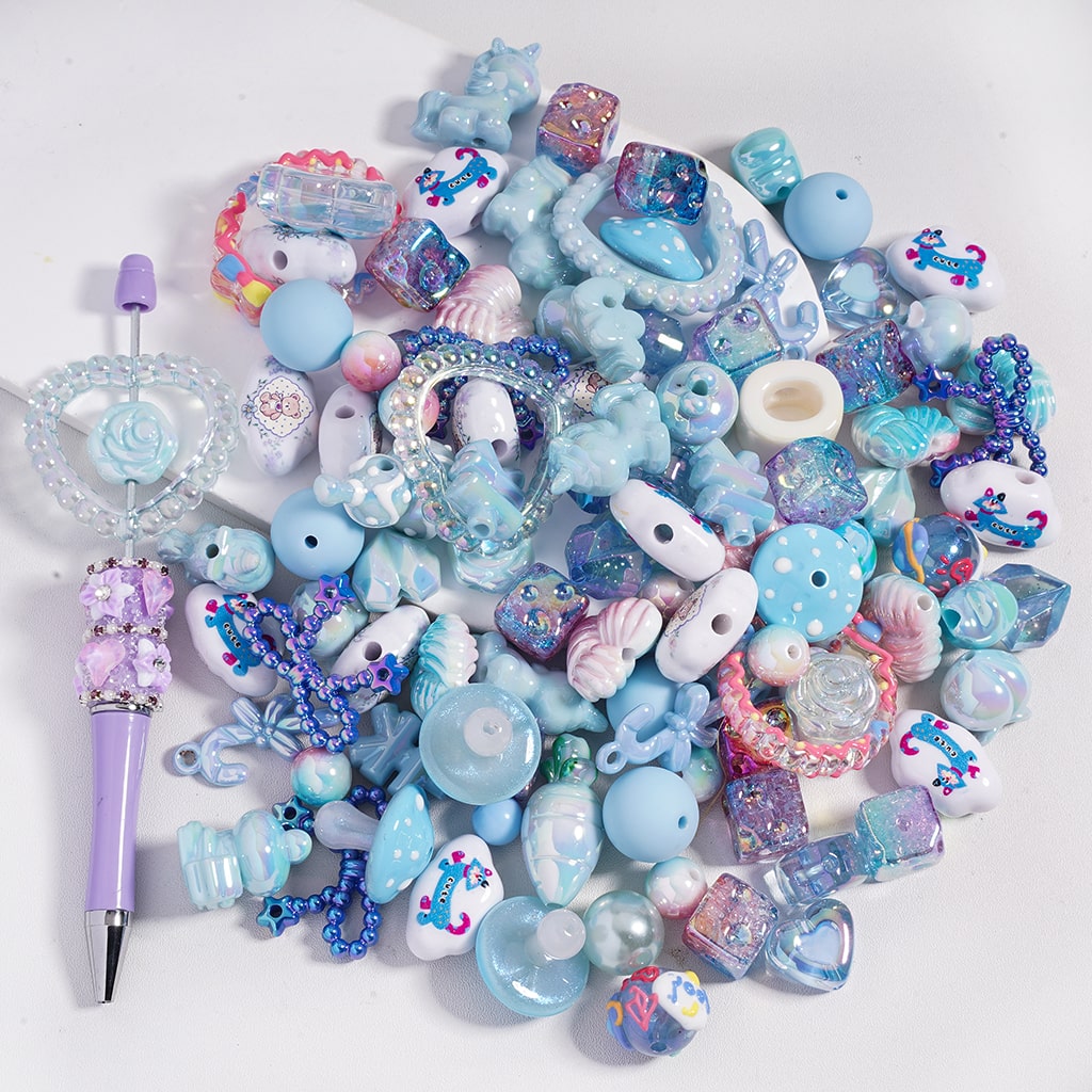 UV Coated Dazzling Blue Color Series Different Design & Shapes in Acrylic Beads Random Mix (Please Read the Description)