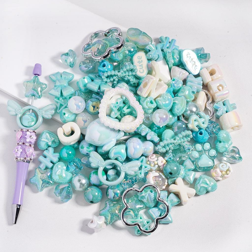 UV Coated Dazzling Teal Color Series Different Design & Shapes in Acrylic Beads Random Mix (Please Read the Description)
