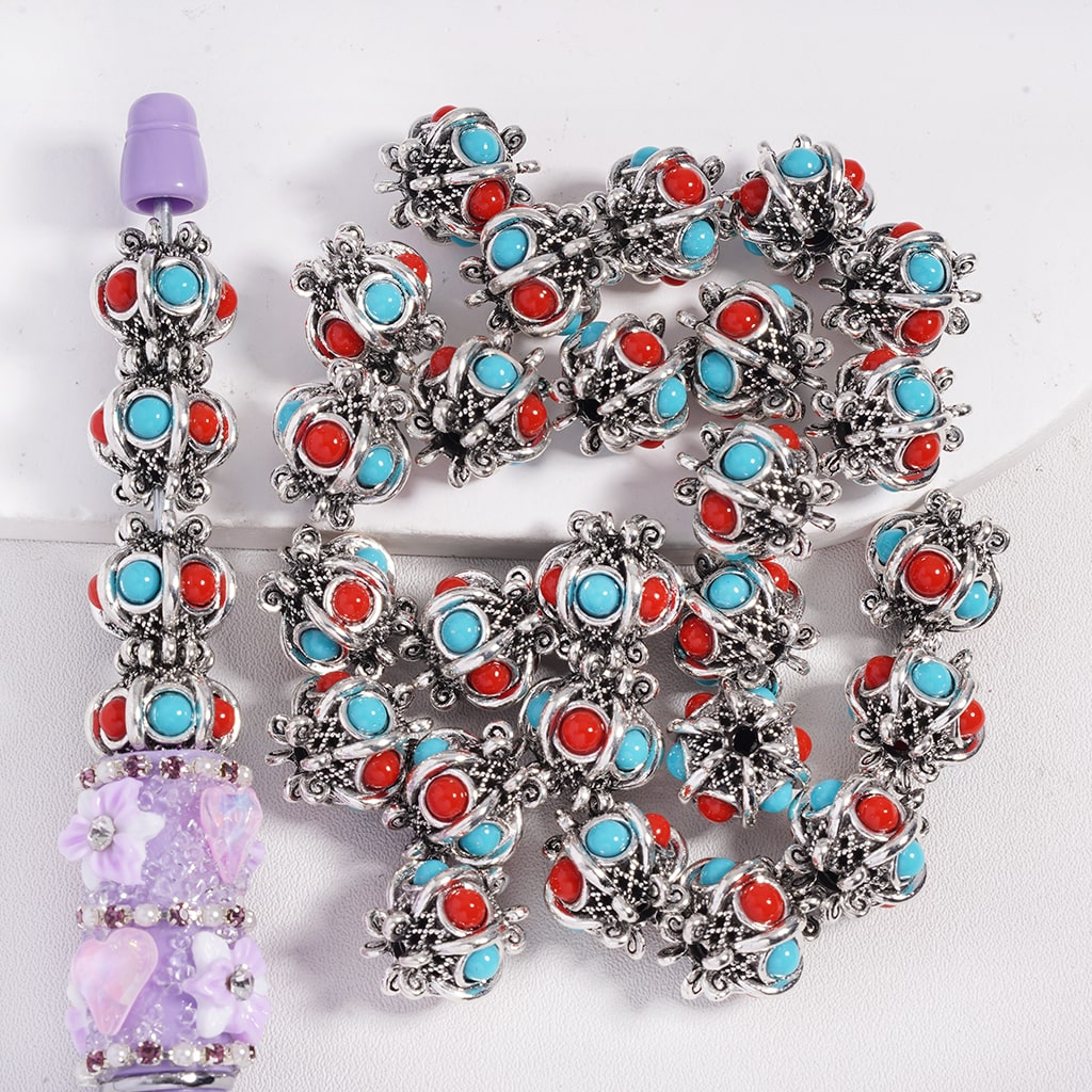 Silver Alloy Beads Mixed Lantern Shape in Teal and Red Colors,14 mm