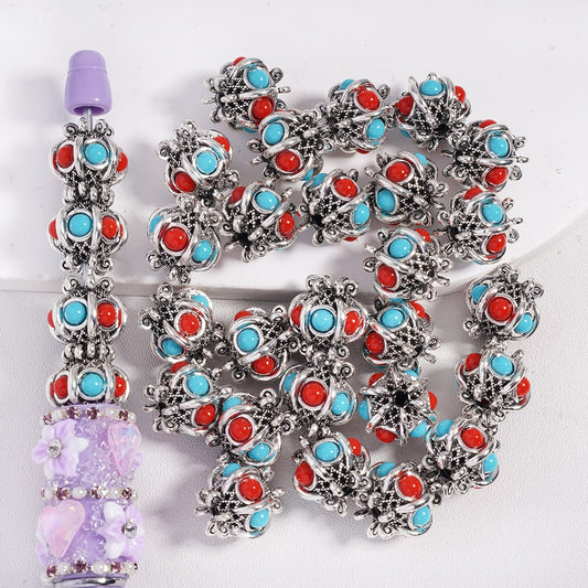 Silver Alloy Beads Mixed Lantern Shape in Teal and Red Colors,14 mm