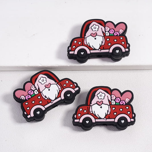 Cute Gnomes Wearing Pink Hat and Sitting in Mini Red Toy Car with Hearts Silicone Focal Beads