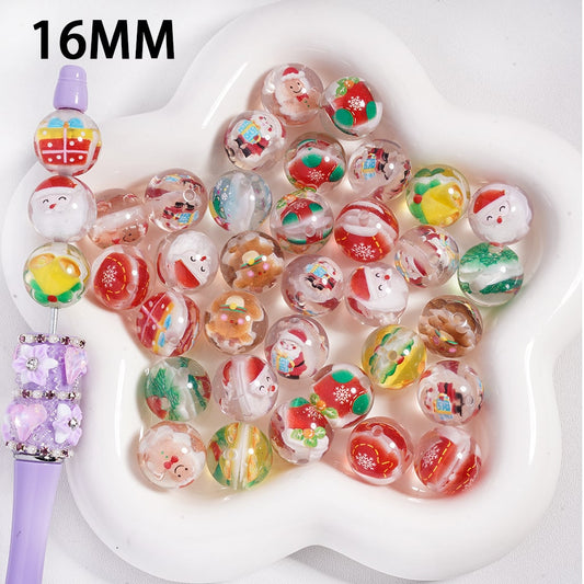 Translucent Christmas Patterns Series Embedded Round Acrylic Beads 16 MM, Random Mix