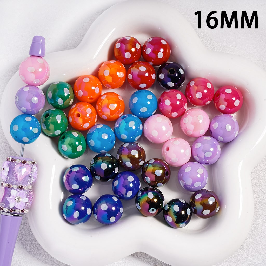 UV Coating with White Polka Dots Multi‑Color Round Acrylic Beads 16 MM