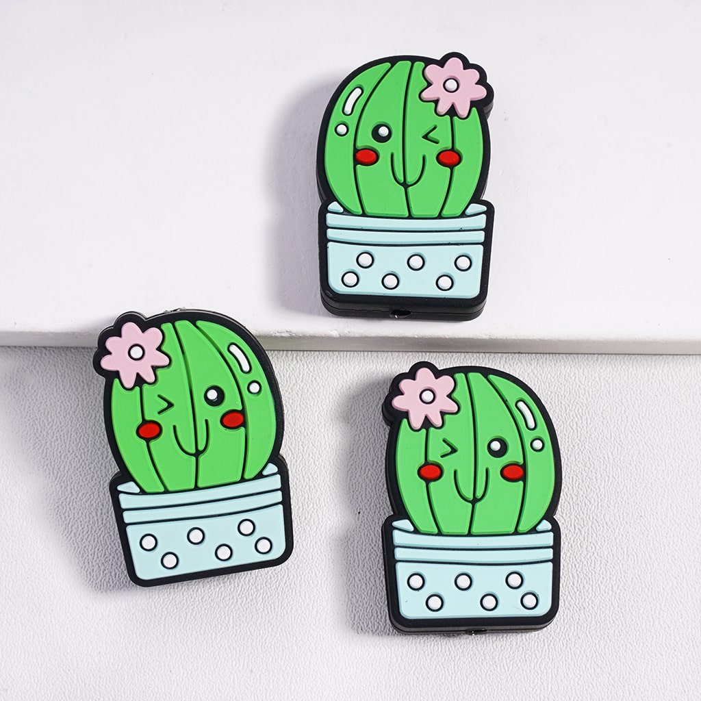 Cute Cactus Pink Flower & Blue Flowerpot Silicone Focal Beads