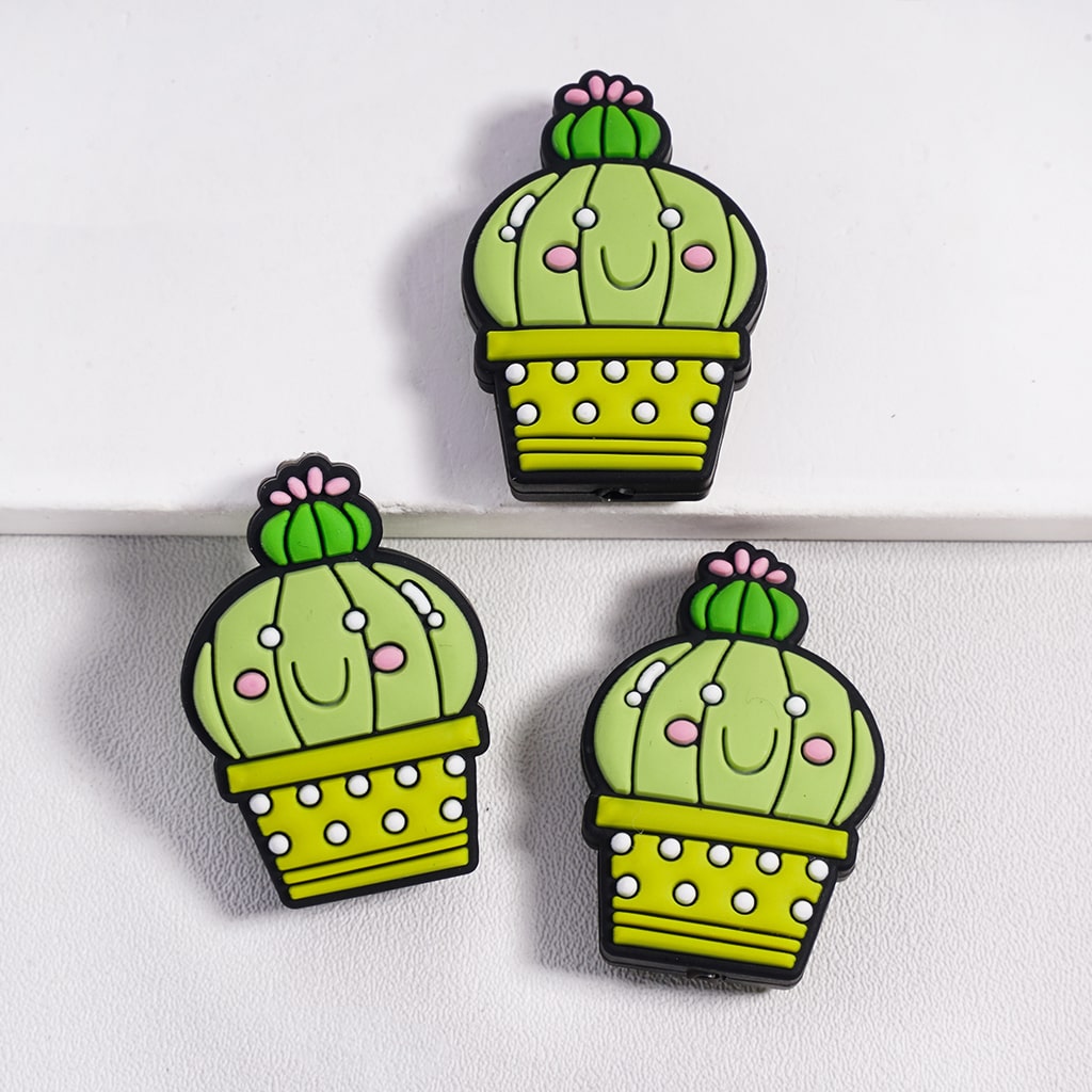 Lovely Cactus with Smiling Face Yellow & Green Flowerpot Silicone Focal Beads