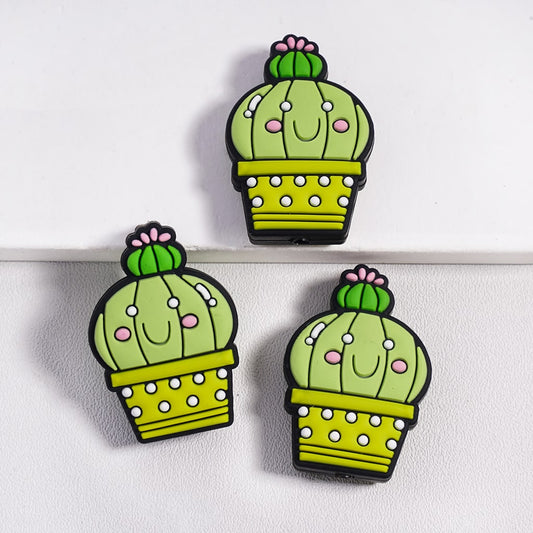 Lovely Cactus with Smiling Face Yellow & Green Flowerpot Silicone Focal Beads