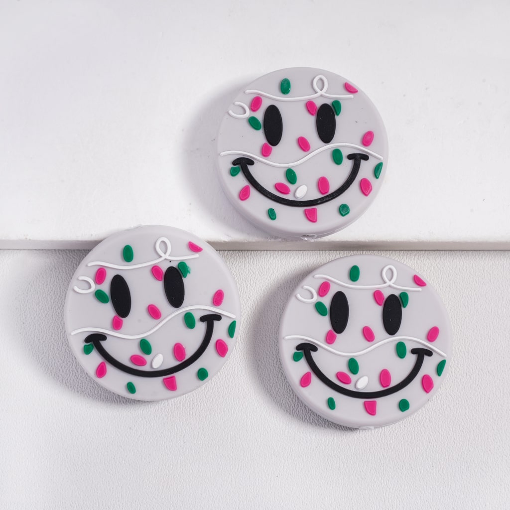 Smiling Face with Colorful Stripes & Spots Flat Round Silicone Focal Beads