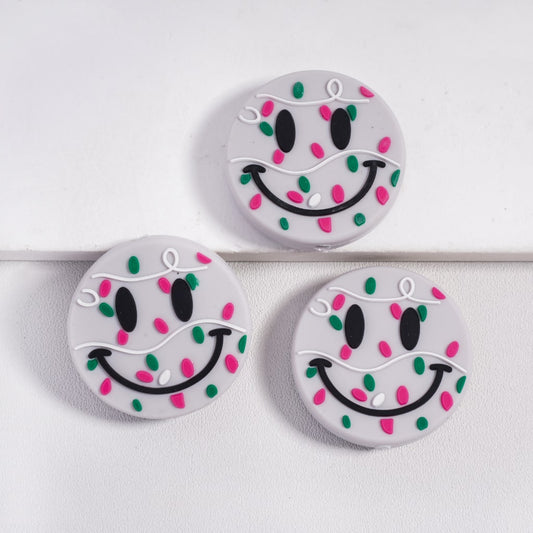 Smiling Face with Colorful Stripes & Spots Flat Round Silicone Focal Beads
