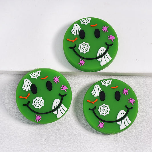 Smiling Face & Halloween Ghosts, Spiders & Webs Green Flat Round Silicone Focal Beads