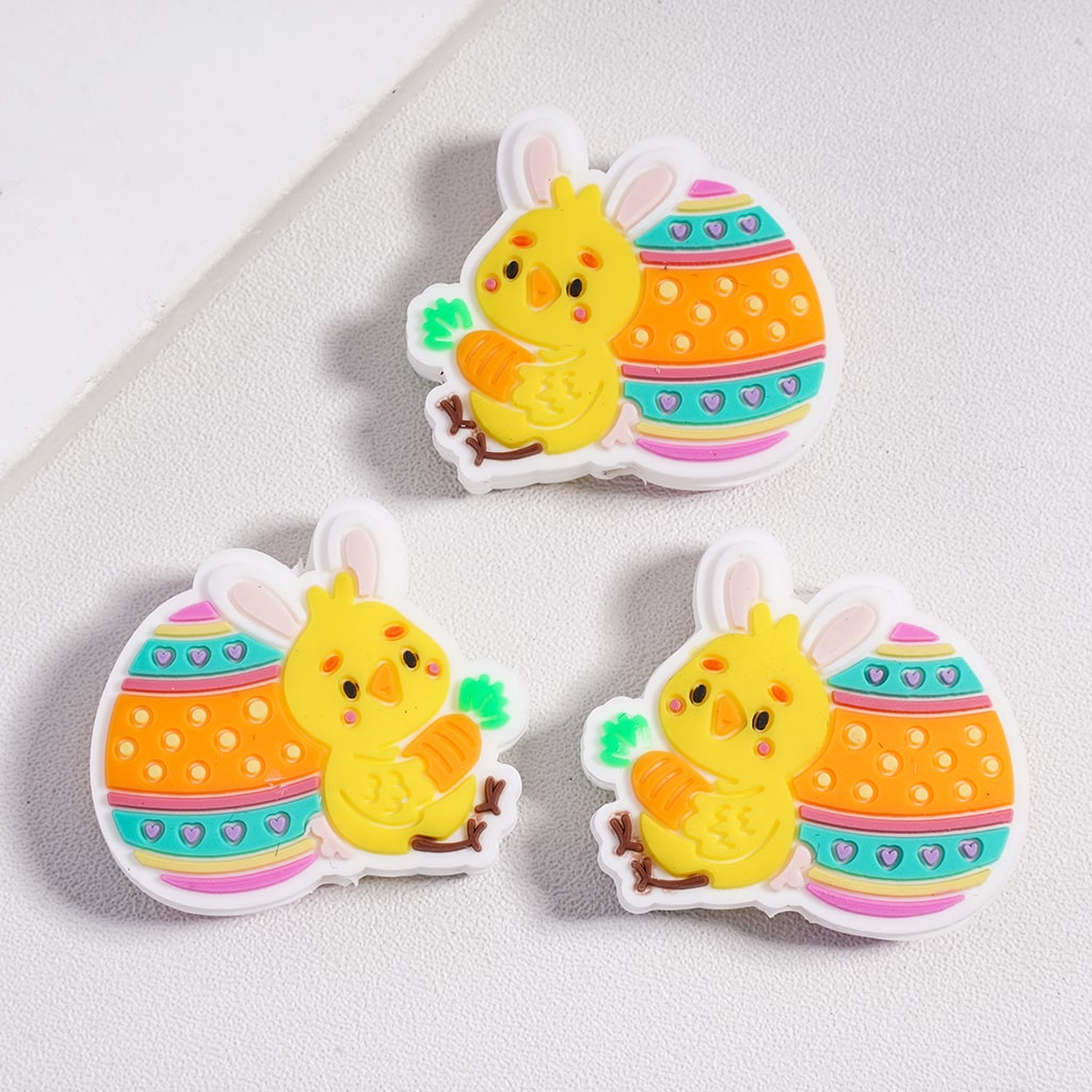 Cute Yellow Easter Chick with Carrot & Colorful Egg, Rabbit Ears Holiday Theme Silicone Focal Beads