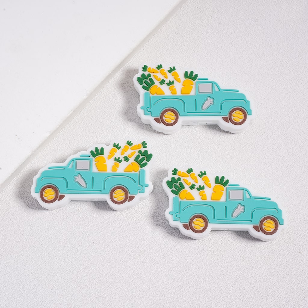 Teal Truck Loaded with Yellow Carrots Easter Theme Silicone Focal Beads