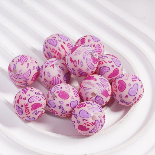 "Love" Text with Hearts Key Prints Valentine's Day Theme Round Silicone Focal Beads 15MM