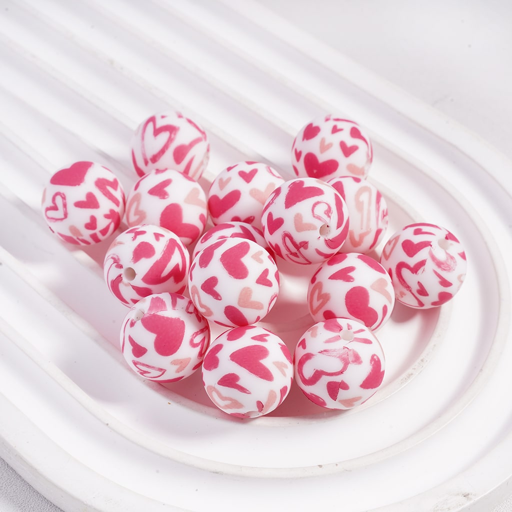 Pink Hearts Prints Valentine’s Day Style Theme Round Silicone Focal Beads15 MM