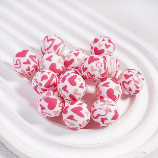 Pink Hearts Prints Valentine’s Day Style Theme Round Silicone Focal Beads15 MM