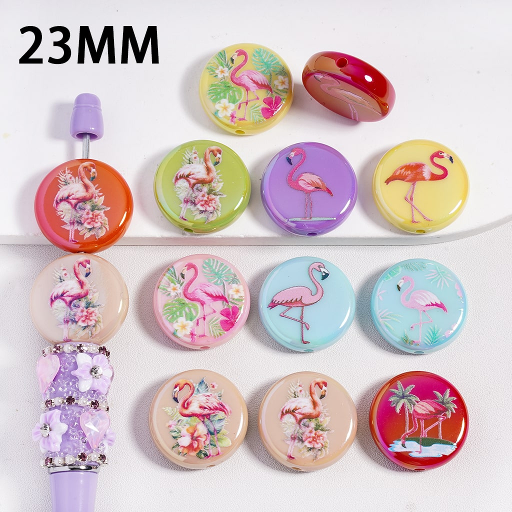 UV Coating Cute Flamingo in Different Style Multi Color Double Side Prints Flat Round Acrylic Beads 23MM Random Mix