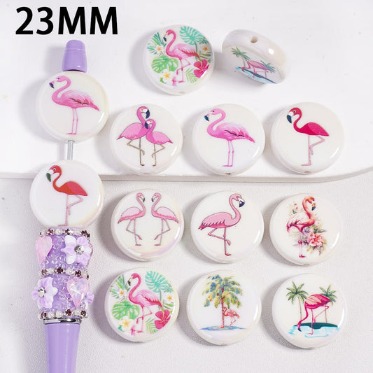 UV Coating Cute Flamingo Series on White Background Double Side Prints Flat Round Acrylic Beads 23MM, Random Mix