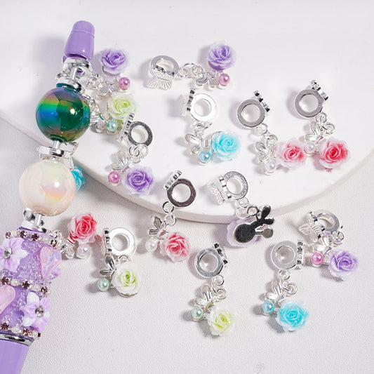 Silver Alloy Bail Beads Charm with Multi-Color Glitter Rose & Pearl Butterfly Random Mix