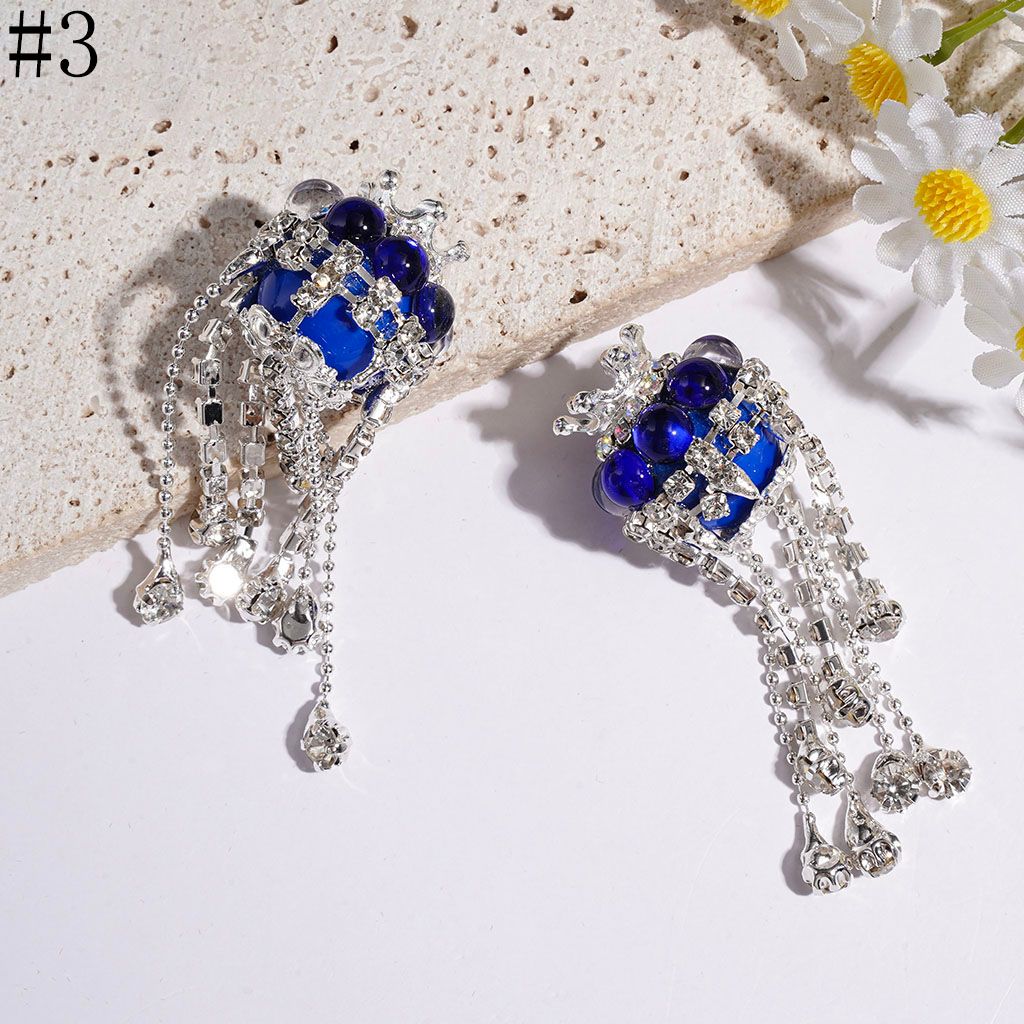 Handmade Acrylic Beads with Silver Metal Crown & Flower Base & Half-Shell Round, AB Rhinestone Chains & Clear Rhinestone Tassel, Multi-Color