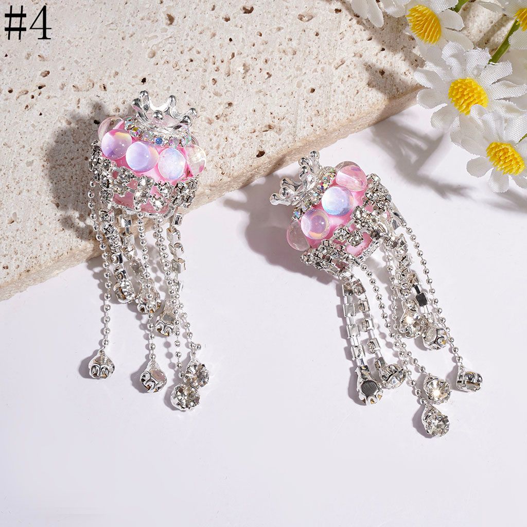Handmade Acrylic Beads with Silver Metal Crown & Flower Base & Half-Shell Round, AB Rhinestone Chains & Clear Rhinestone Tassel, Multi-Color