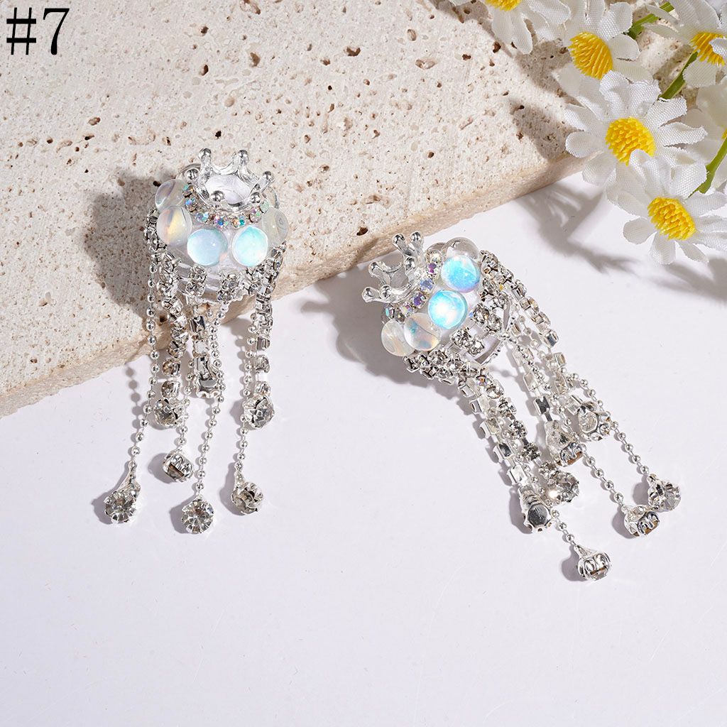 Handmade Acrylic Beads with Silver Metal Crown & Flower Base & Half-Shell Round, AB Rhinestone Chains & Clear Rhinestone Tassel, Multi-Color