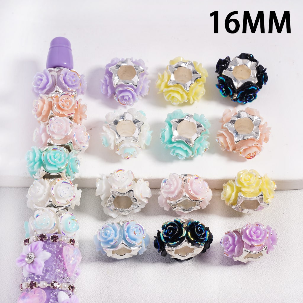 UV Coated Silver Alloy Spacer Beads with Multi‑Color Rose Flowers 16 MM, Random Mix