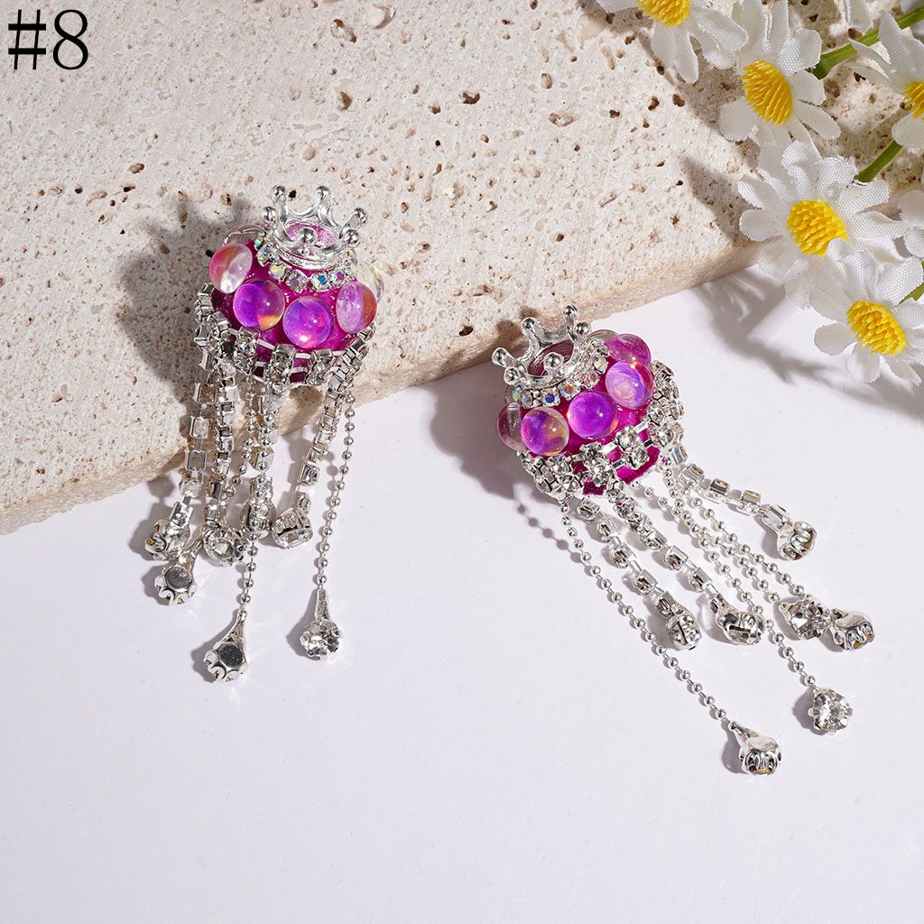 Handmade Acrylic Beads with Silver Metal Crown & Flower Base & Half-Shell Round, AB Rhinestone Chains & Clear Rhinestone Tassel, Multi-Color