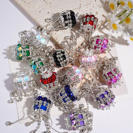 Elegant Silver Crown Flower Base Half-Shell Round with Sparkling AB Rhinestone Chains & Clear Rhinestone Tassel Handmade Acrylic Beads, Multi-Color