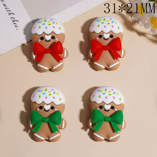 3D Festive Gingerbread Man with Candy Hat & Bowtie Silicone Focal Beads, 31*21MM, Red & Green