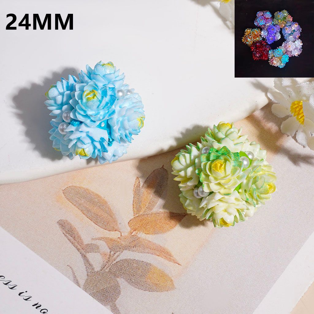 Luminous and Ombre Color Blooming Lotus Flower with Yellow Stamen Clay Beads, White Pearls, 24MM, Random Mix, Multi-Color