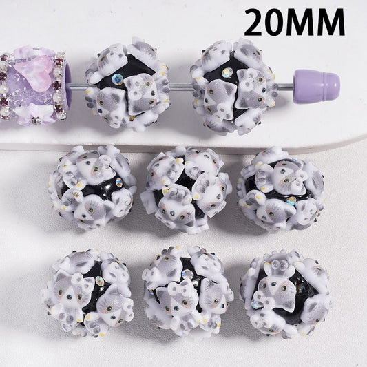 Gray Kitten with Bowtie &  AB Rhinestones on Black Background Round Clay Beads 20MM