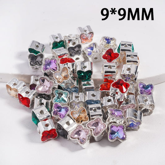 Cute Mini Butterfly Shape Silver Color Metal Beads with Colorful Rhinestone 9*9 MM, Random Mix