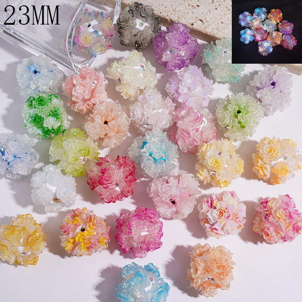 Clay Beads Luminous Glittery Flower with AB Rhinestone, 23MM Multi-Color Random Mix