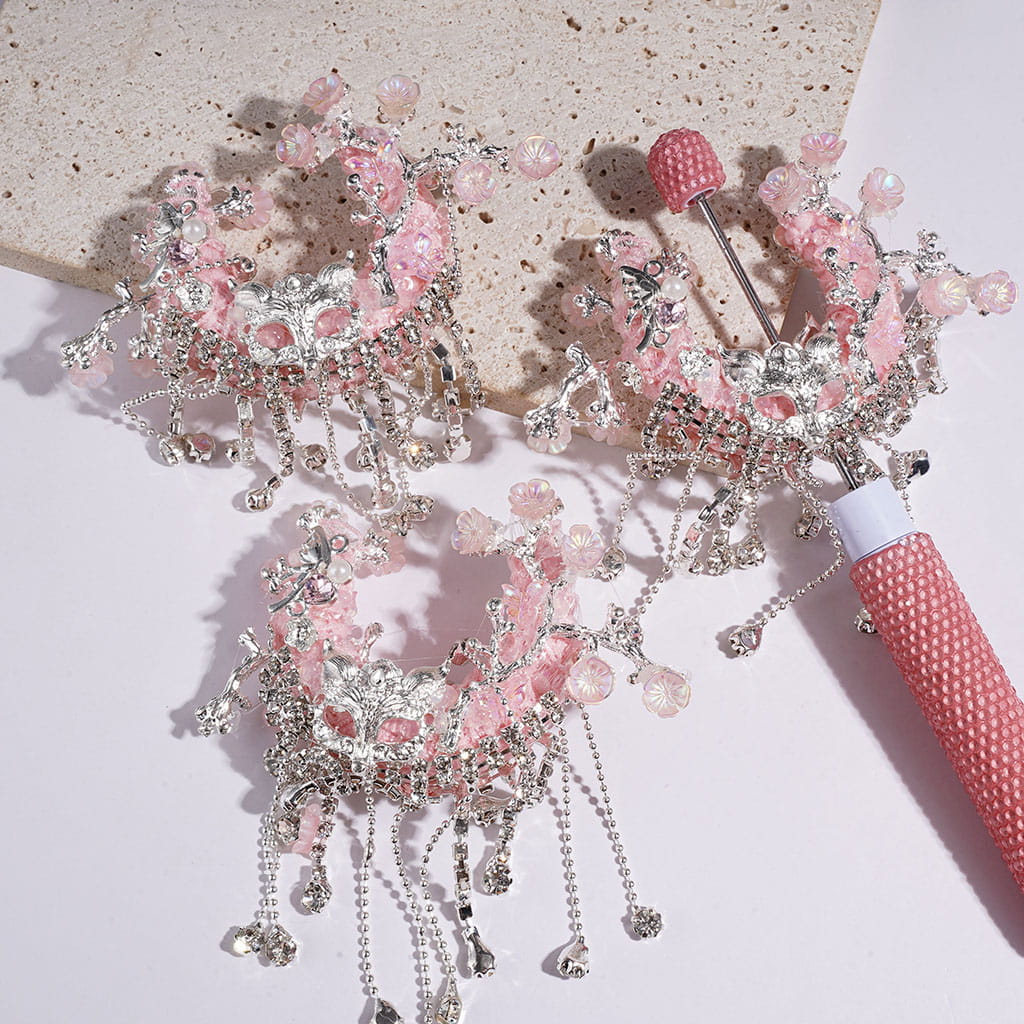 Pink Crescent Moon Fabric Acrylic Beads w Clear Rhinestone Tassel, Metal Fox Mask & Branch w UV-Coated Peach Flower Butterfly, Dragonfly w Heart Rhinestone and White Pearl