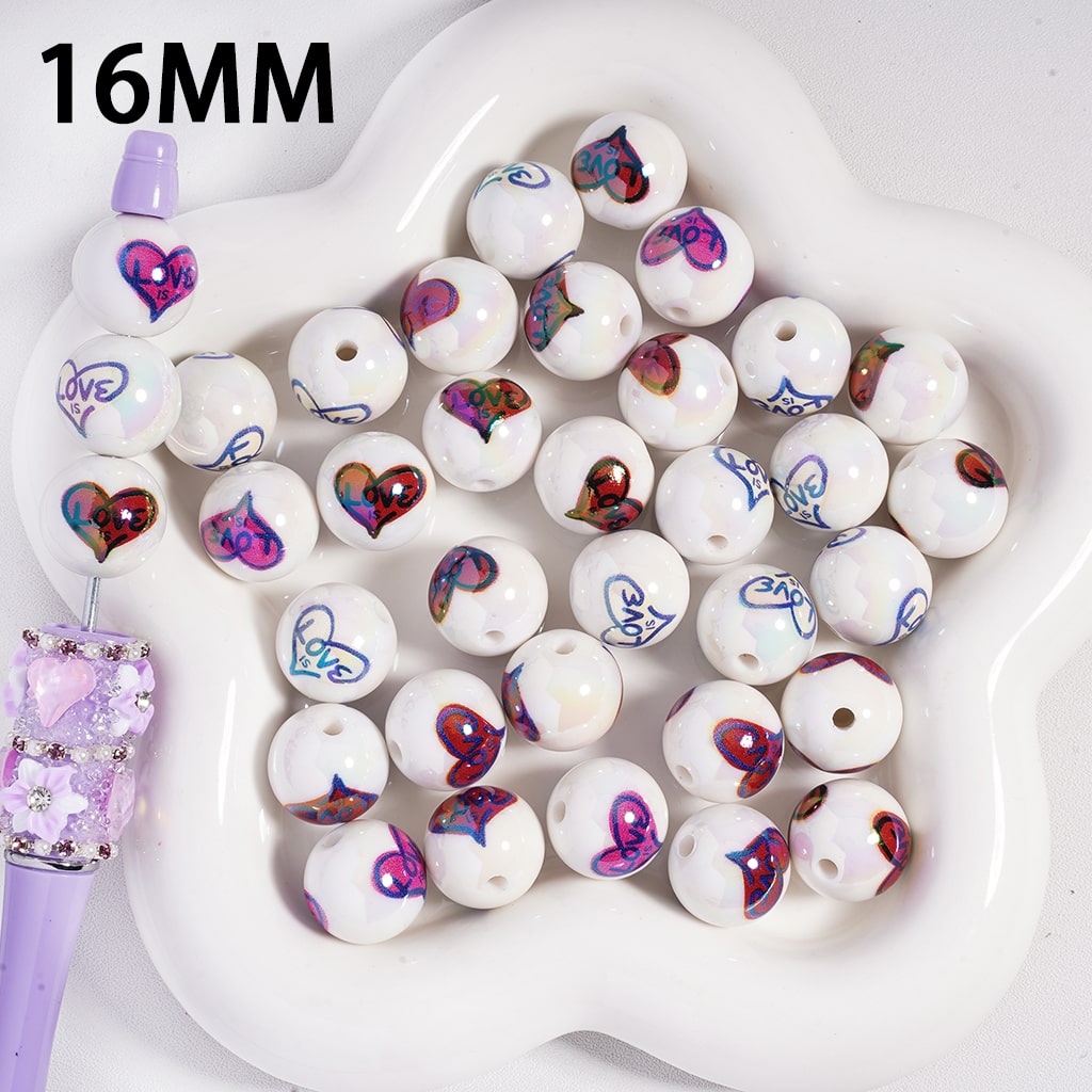 Acrylic Beads UV Coating with  Text "Love is" and Hearts Valentine's Day, 16MM, Multi-Color, Random Mix