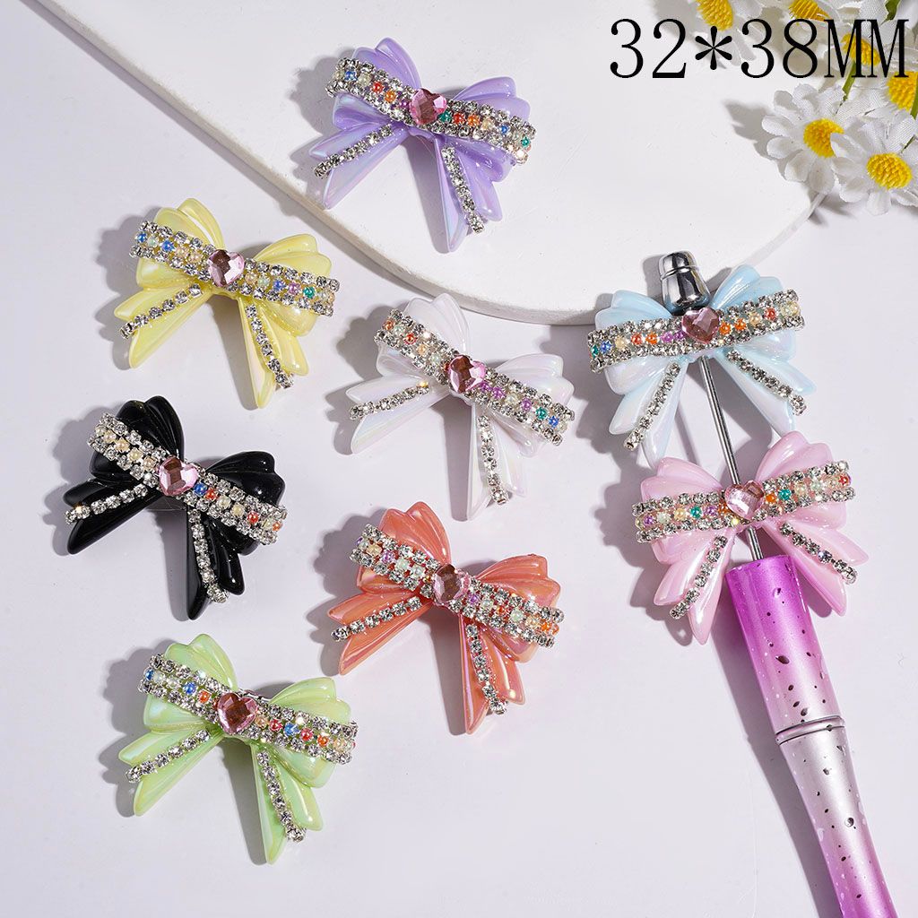 Handmade UV-Coated Acrylic Beads Bowtie with Pink Heart Rhinestone and Multicolored Diamond Chain, 32*38MM Random Mix