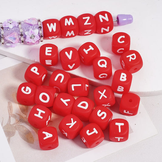 Red Cube on Alphabet Letter Printed A to Z, Square Shape Silicone Focal Beads